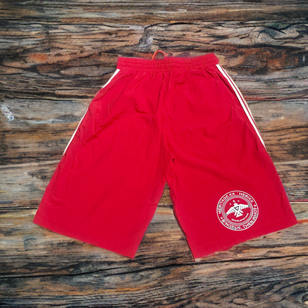 HERIXX OVERSIZED RED NYLON SHORTS – Rhinestone Edition