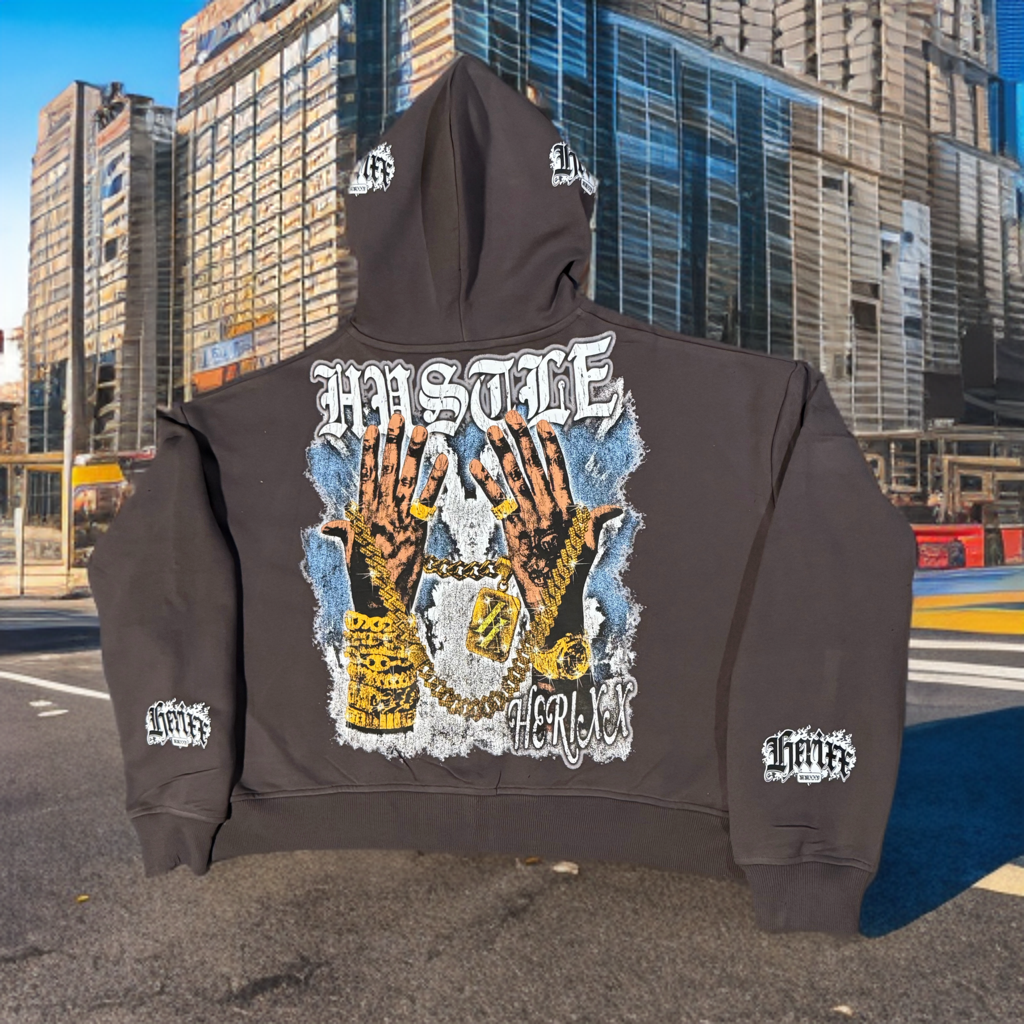HERITAGE XX (HERIXX) Charcoal “HUSTLE” Rhinestone Zip-Up Hoodie HERITAGE XX (HERIXX) Charcoal “HUSTLE” Rhinestone Zip-Up Hoodie