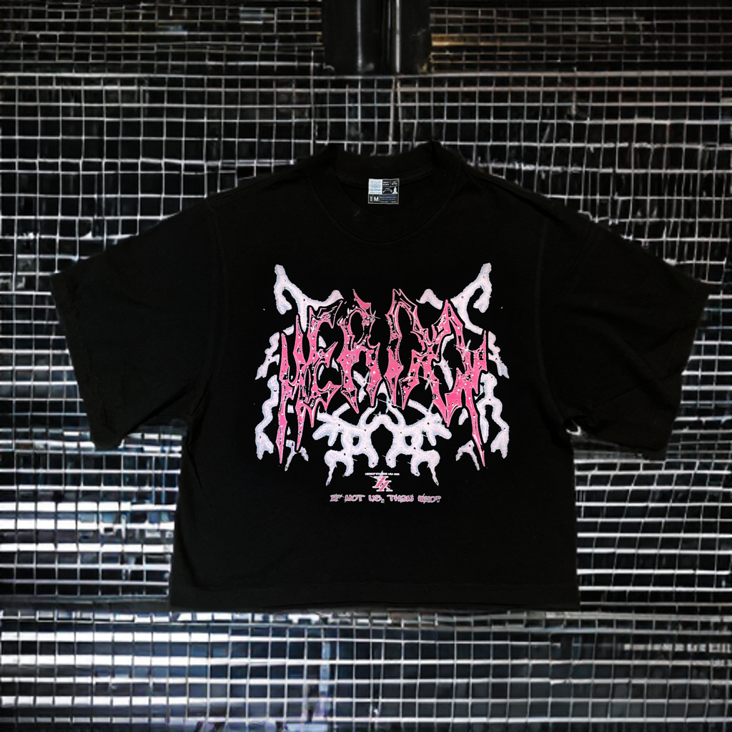 HERIXX “PINK THUNDER ” RHINESTONE BLACK CROP TEE