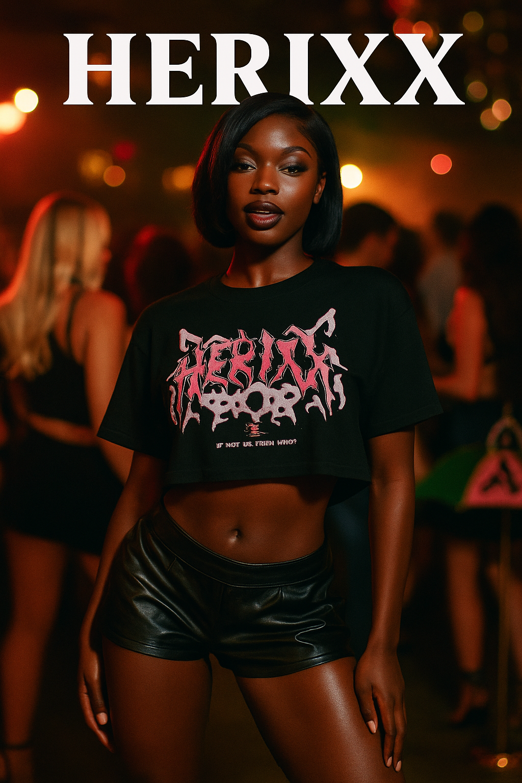 HERIXX “PINK THUNDER ” RHINESTONE BLACK CROP TEE