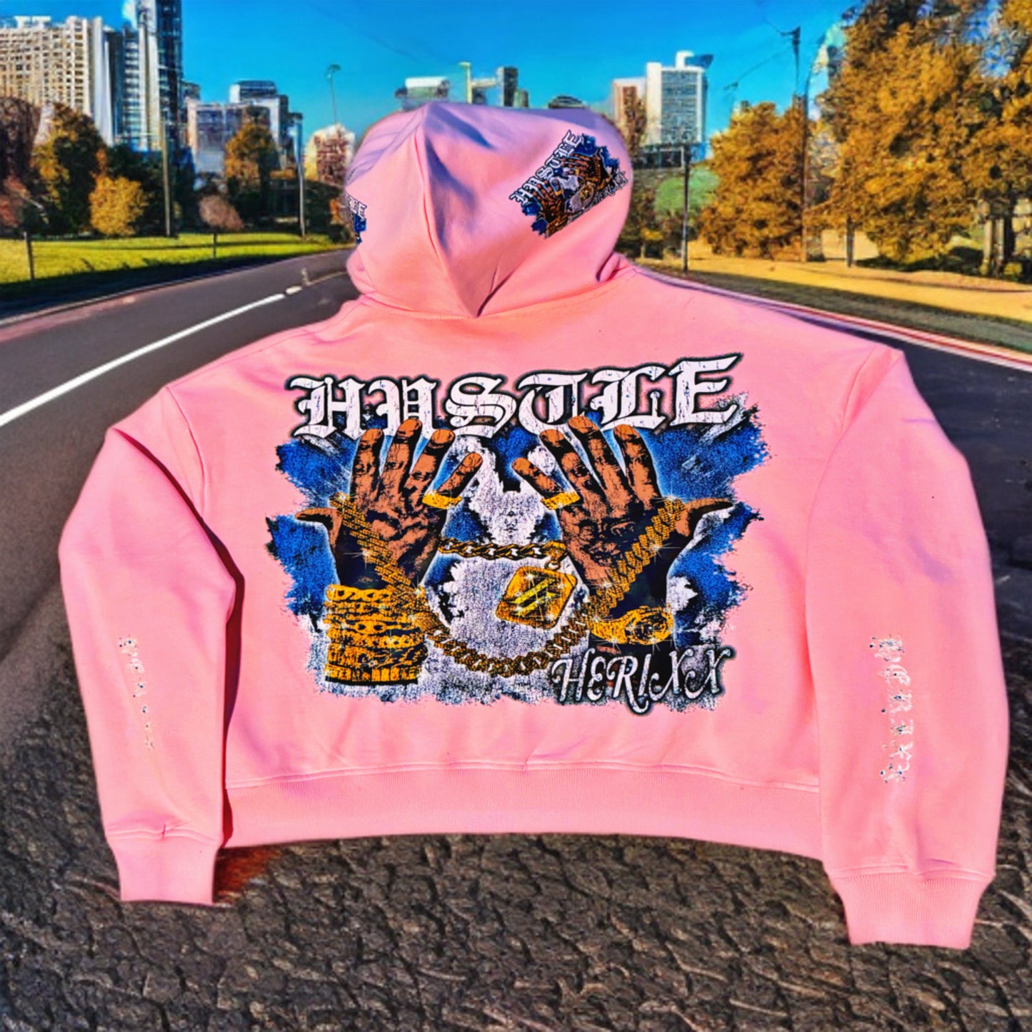 HERITAGE XX (HERIXX) PINK “HUSTLE” Rhinestone Zip-Up Hoodie