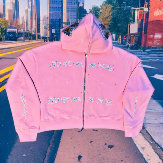 HERITAGE XX (HERIXX) PINK “HUSTLE” Rhinestone Zip-Up Hoodie