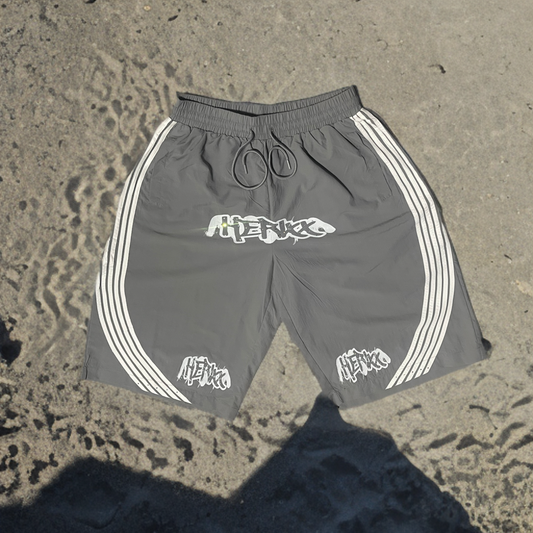 HERIXX OVERSIZED GREY NYLON SHORTS – Rhinestone Edition