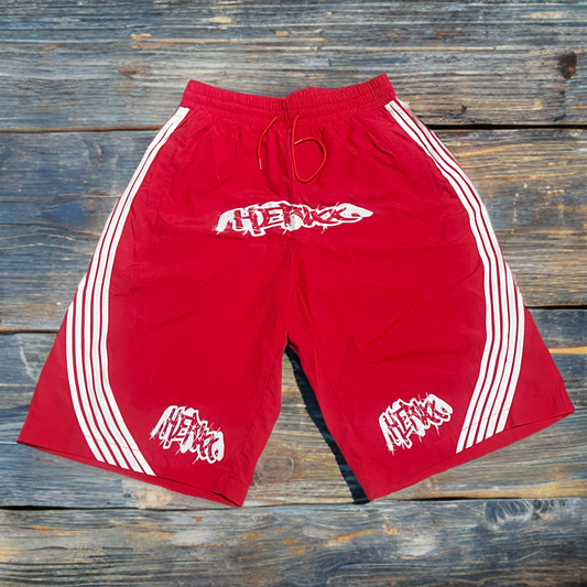 HERIXX OVERSIZED RED NYLON SHORTS – Rhinestone Edition
