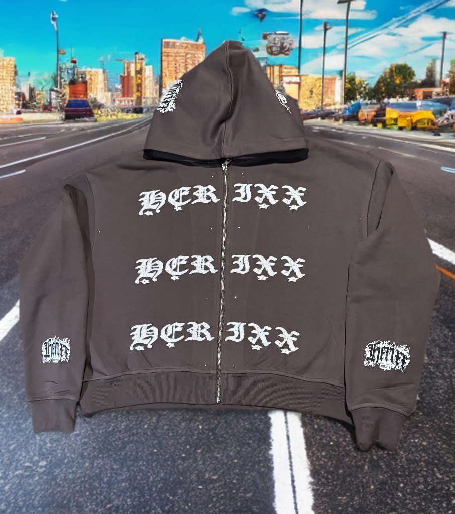 HERITAGE XX (HERIXX) Charcoal “HUSTLE” Rhinestone Zip-Up Hoodie