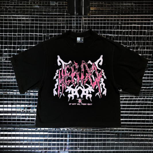HERIXX “PINK THUNDER ” RHINESTONE BLACK CROP TEE